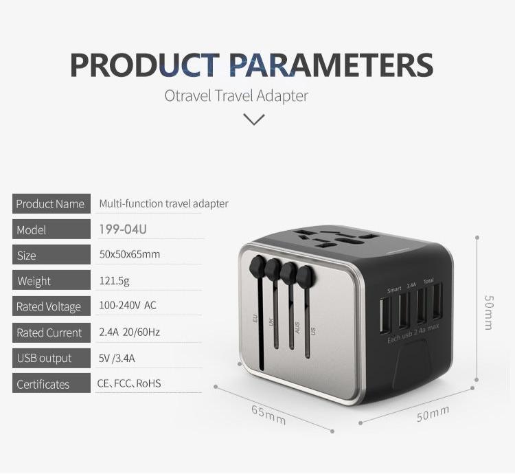 Universal Fast Charging Travel Adapter with 4 USB Ports, 4 Standard Plugs UK-US-AUS-EU