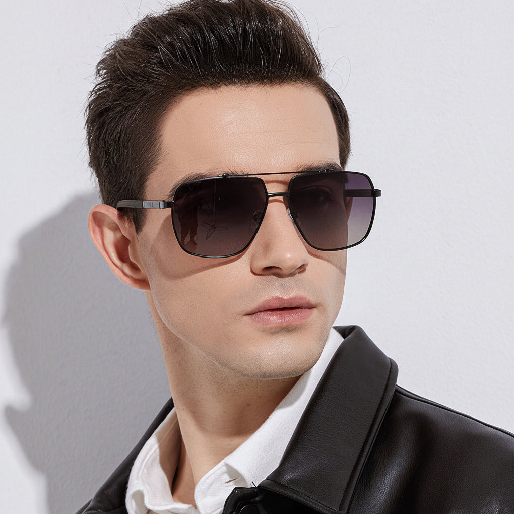 Double-Bridge Square Metal Polarized Sunglasses