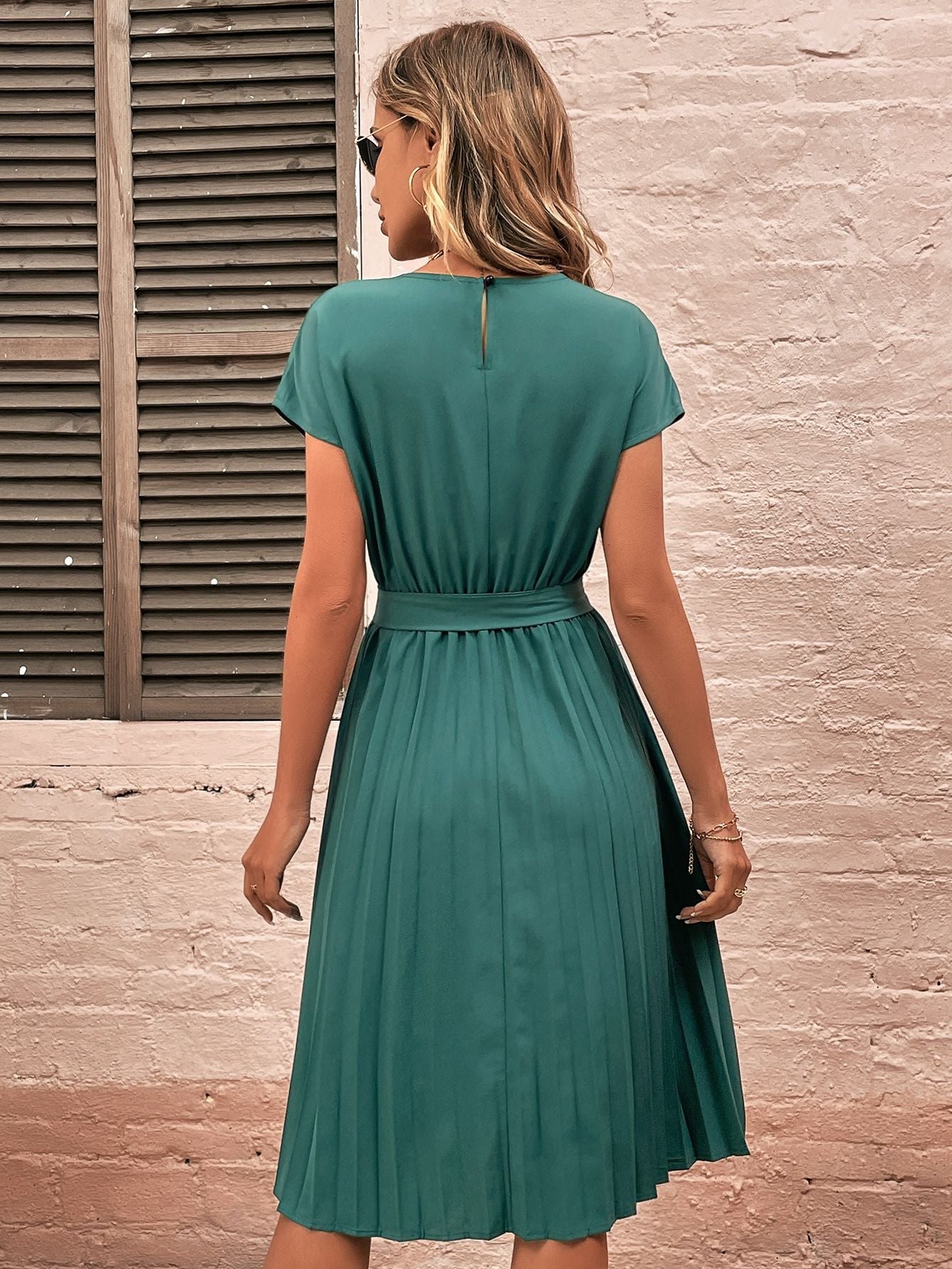 Solid Tie-Front Pleated Midi Dress