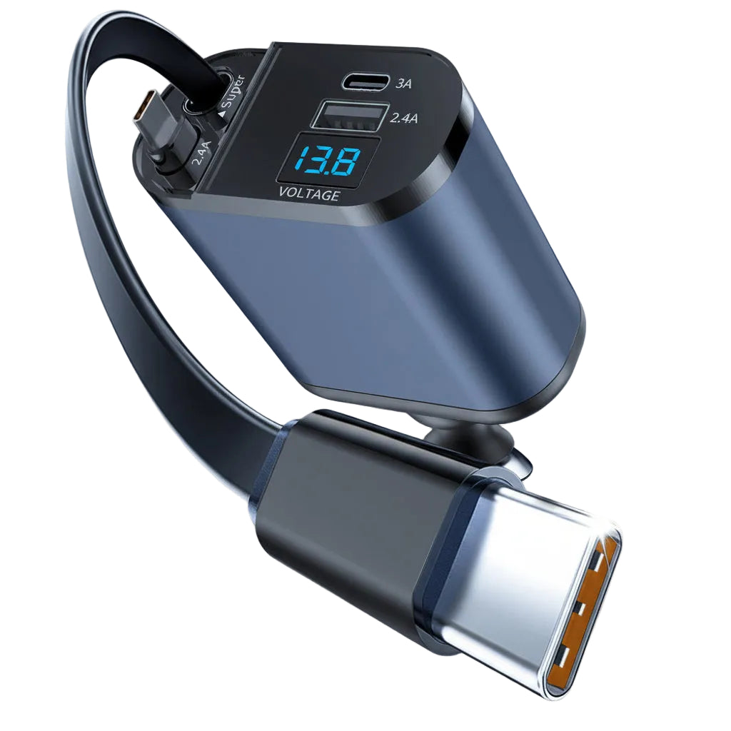 120W Auto-Retracting Ultra-Fast Car Charger with LED Display