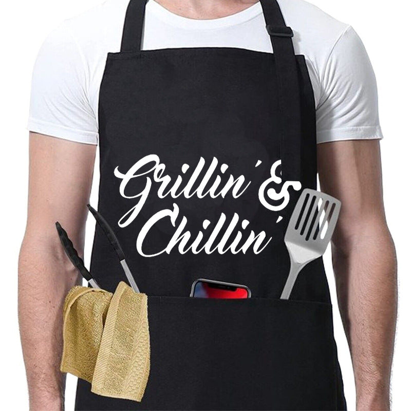 Kitchen BBQ Letter Print Apron with 3 Pockets and Adjustable Neck Strap, Water Resistant