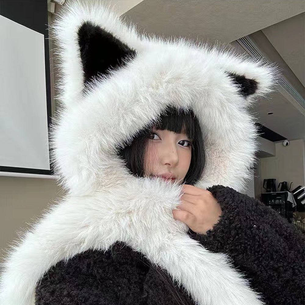 2-in-1 Cute Fox Ears Plush Warm Hat Scarf