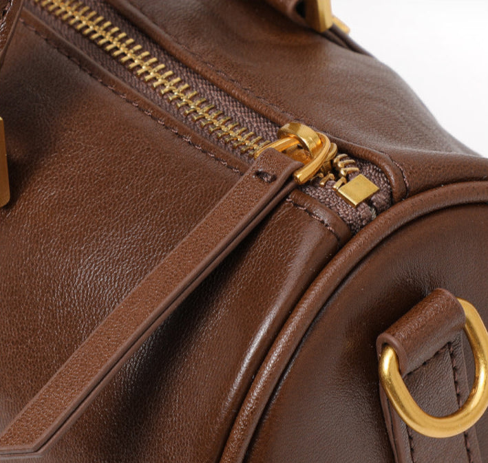 Genuine Cowhide Leather Boston Handbag with Crossbody Strap