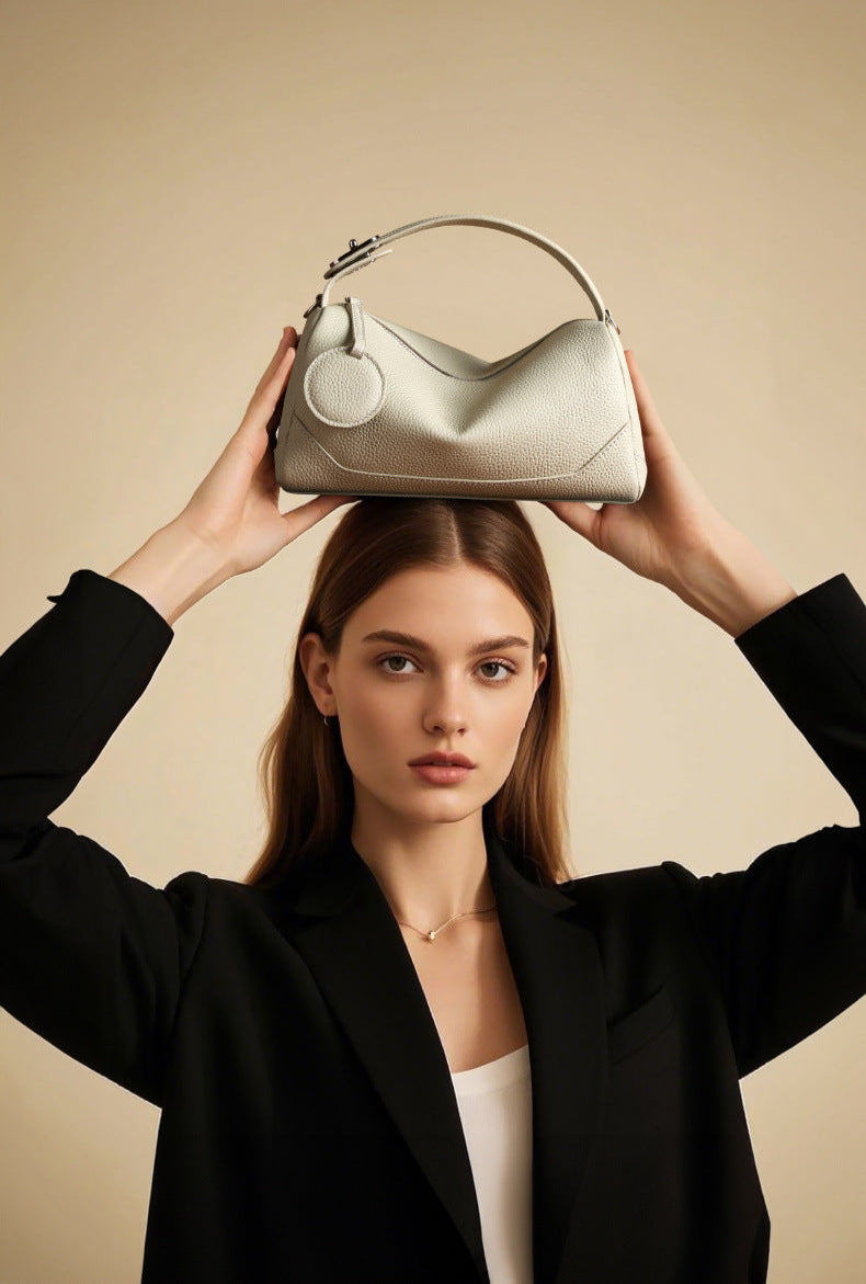 Genuine Cowhide Leather Boston Bag with Crossbody/Shoulder strap