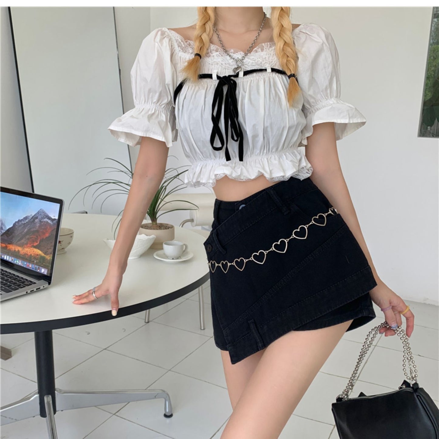 High-Waisted Asymmetrical Denim Shorts