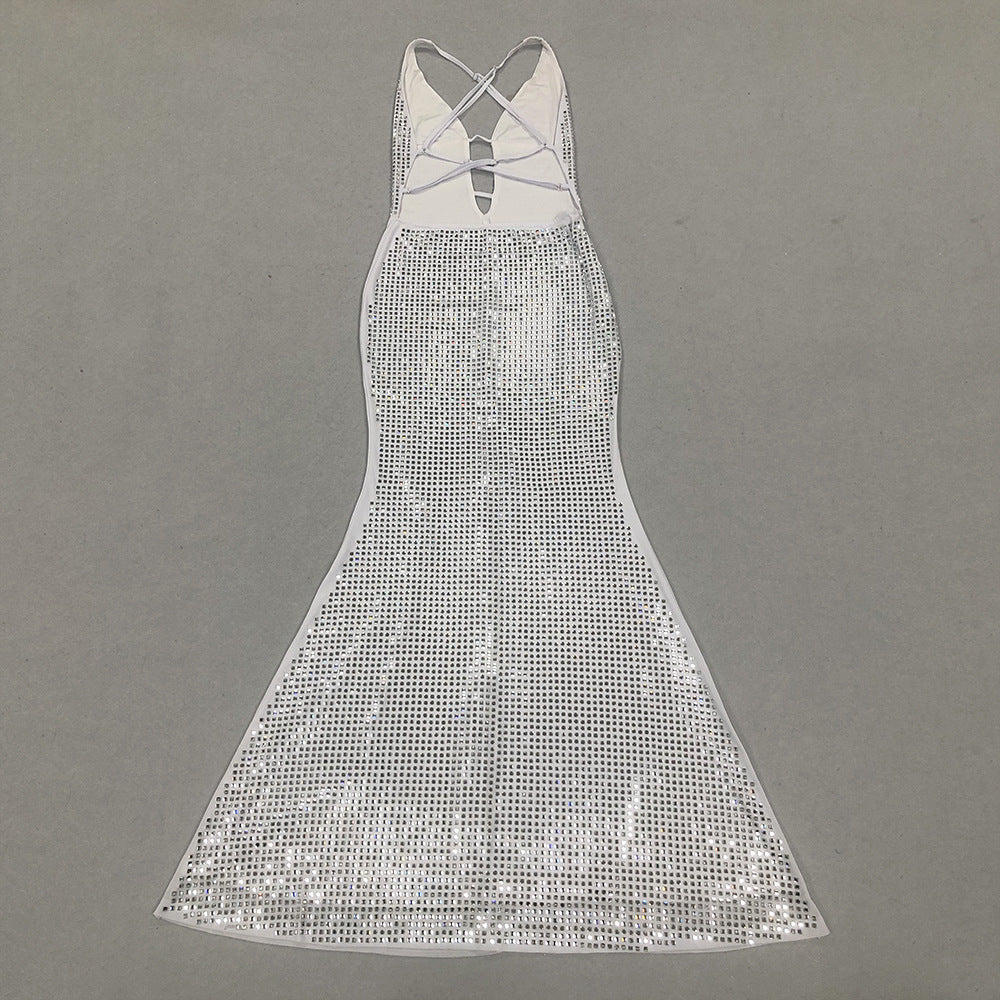 Sequined Front Slit Open Back Maxi Dress