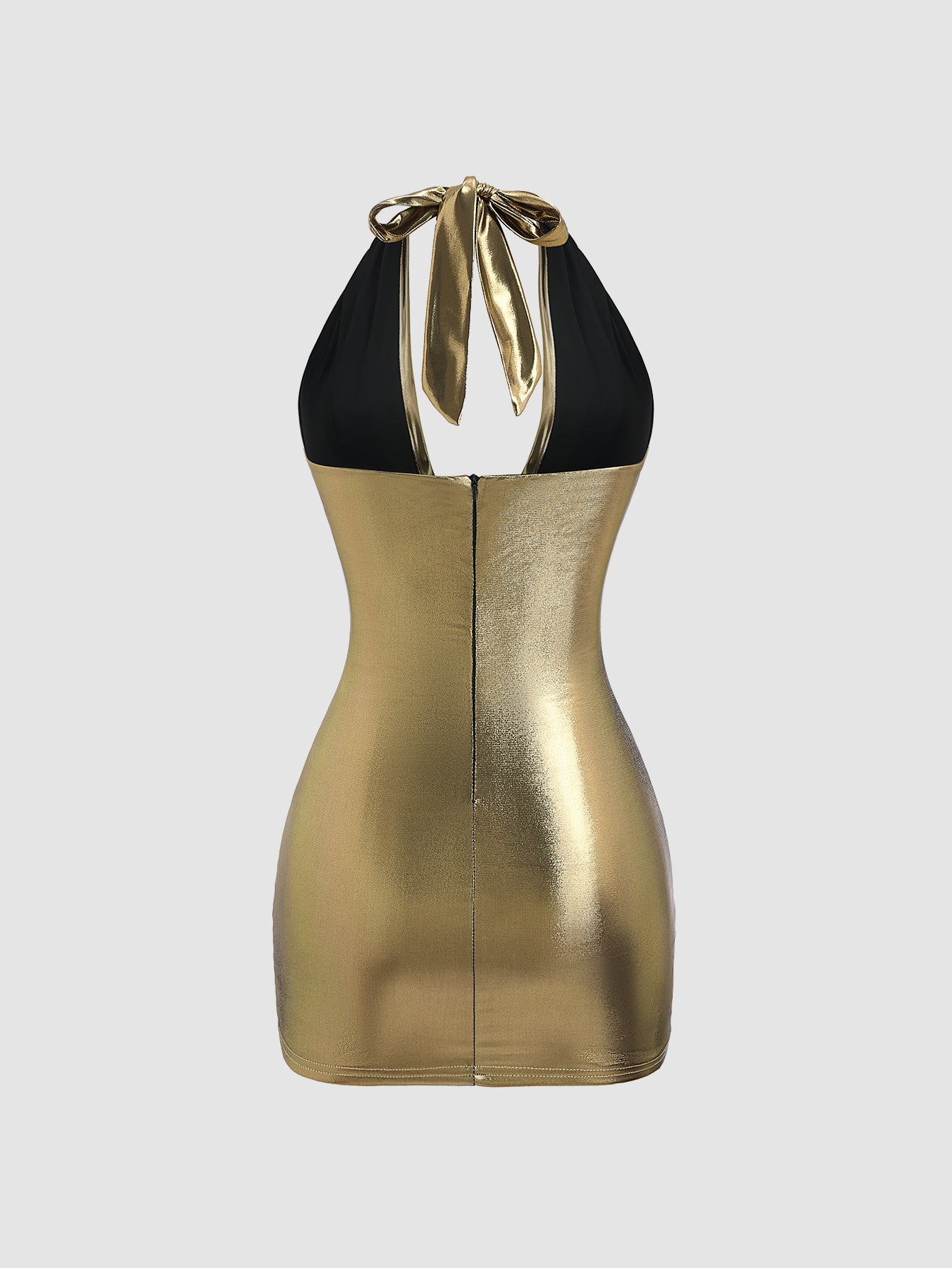 Gold Satin Effect Plunge Neck Halter Mini Dress