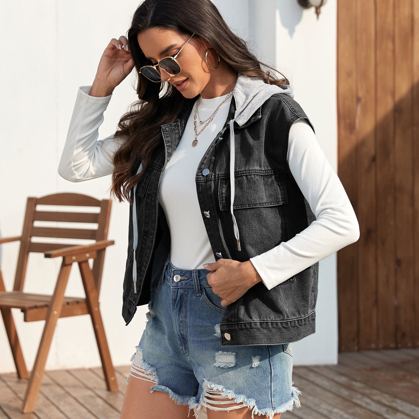 Double Pocket Sleeveless Denim Jacket with Detachable Hood