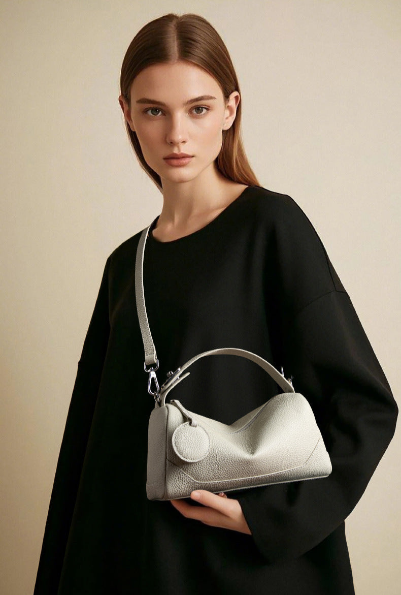 Genuine Cowhide Leather Boston Bag with Crossbody/Shoulder strap