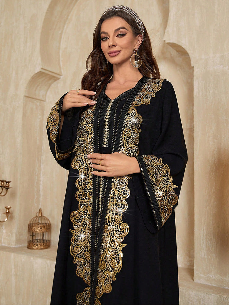 Two-Piece Gold Embroidered V-Neck Kaftan