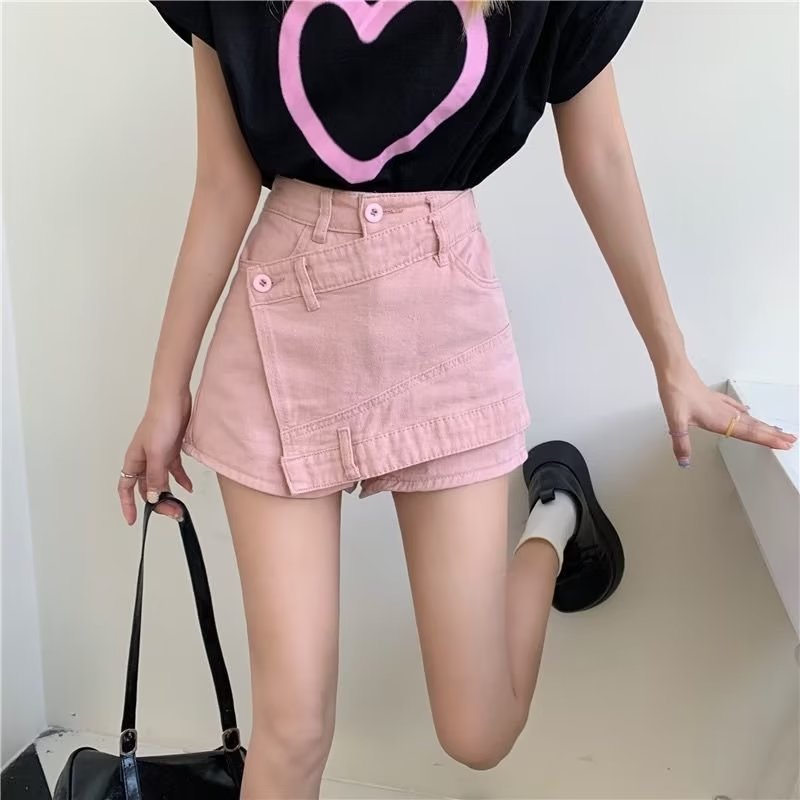 High-Waisted Asymmetrical Denim Shorts