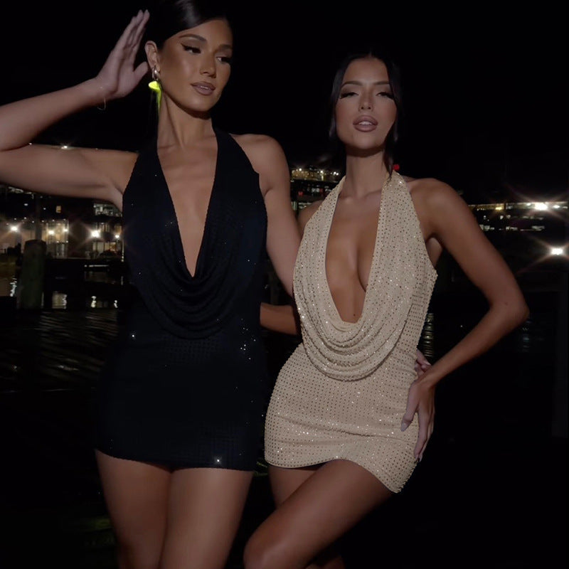 Plunging V Cowl Neck Halter Mini Dress