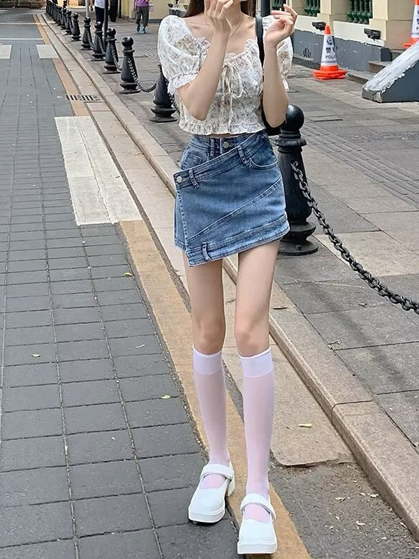 High-Waisted Asymmetrical Denim Shorts