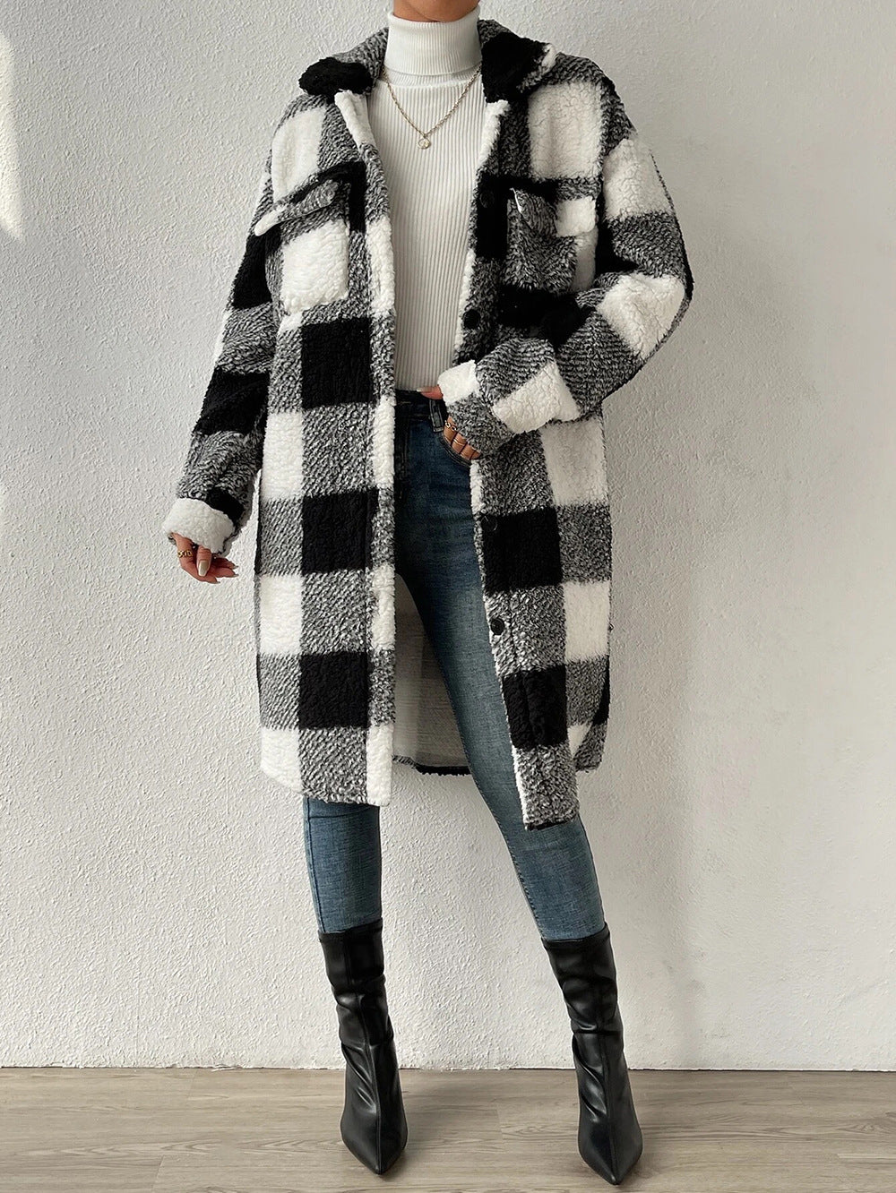 Open Button Lapel Plush Plaid Long Coat