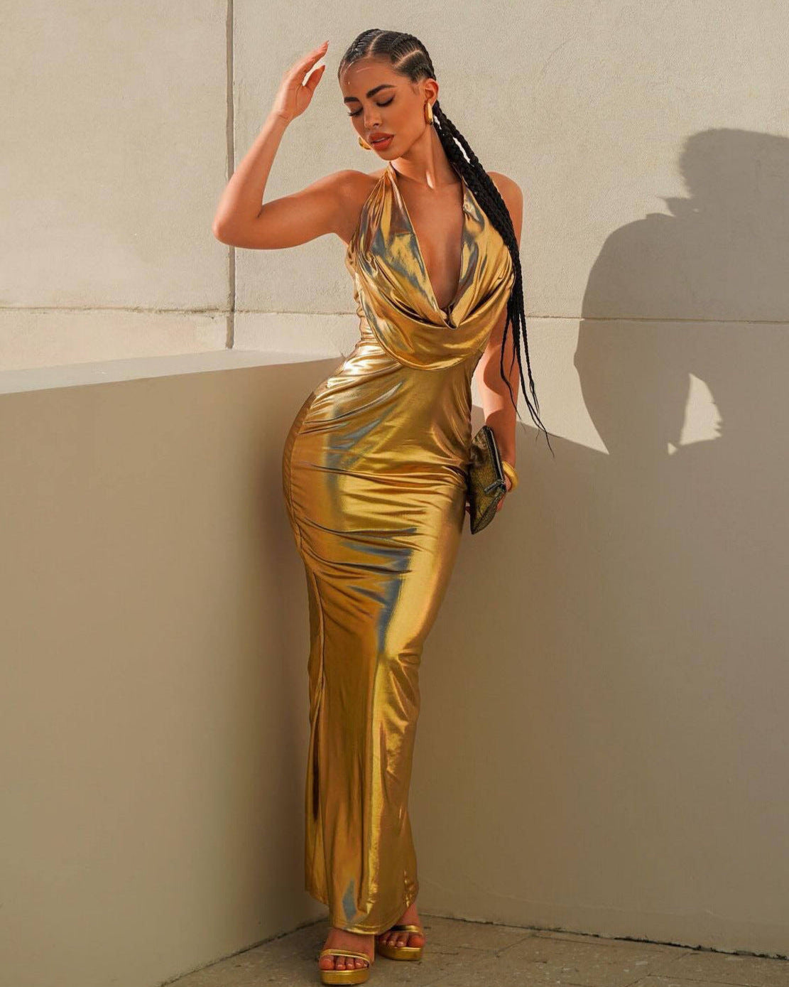 Cowl Neck Plunge Metallic Maxi Dress