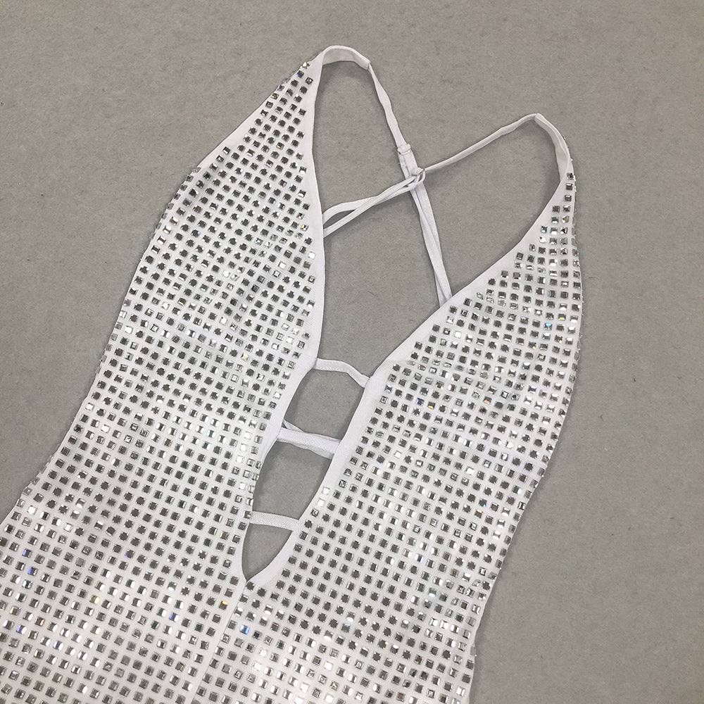 Sequined Front Slit Open Back Maxi Dress