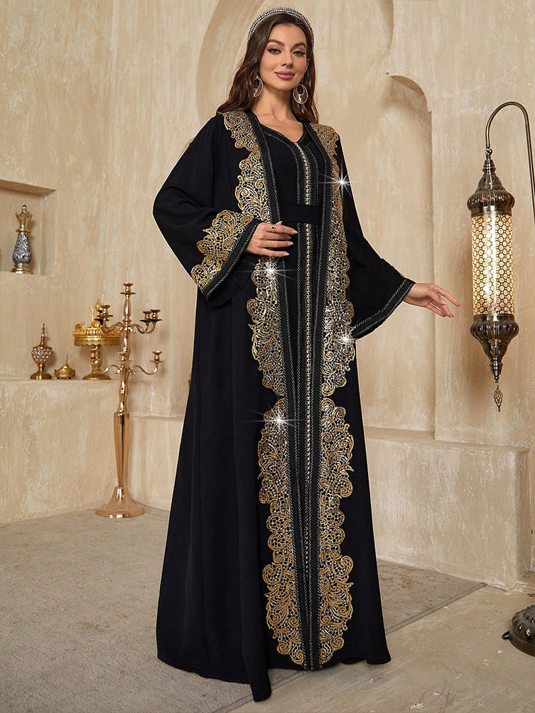 Two-Piece Gold Embroidered V-Neck Kaftan