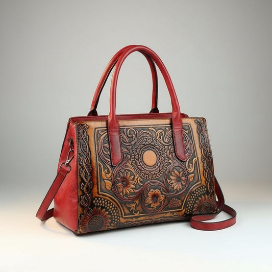 Retro Floral Embossed Genuine Leather Handbag