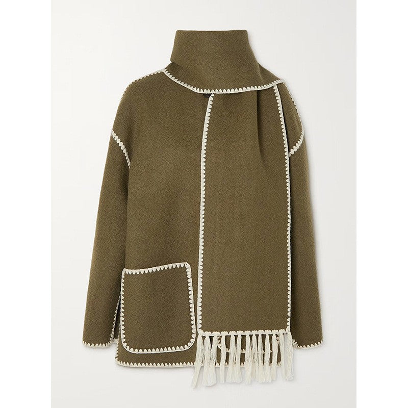 Draped Wool-Blend Coat with Fringed Scarf