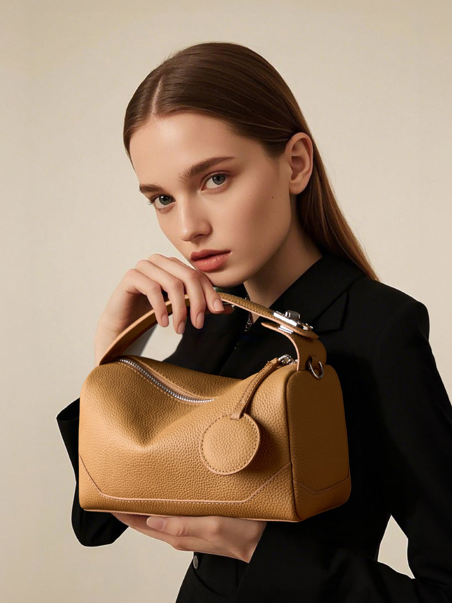 Genuine Cowhide Leather Boston Bag with Crossbody/Shoulder strap