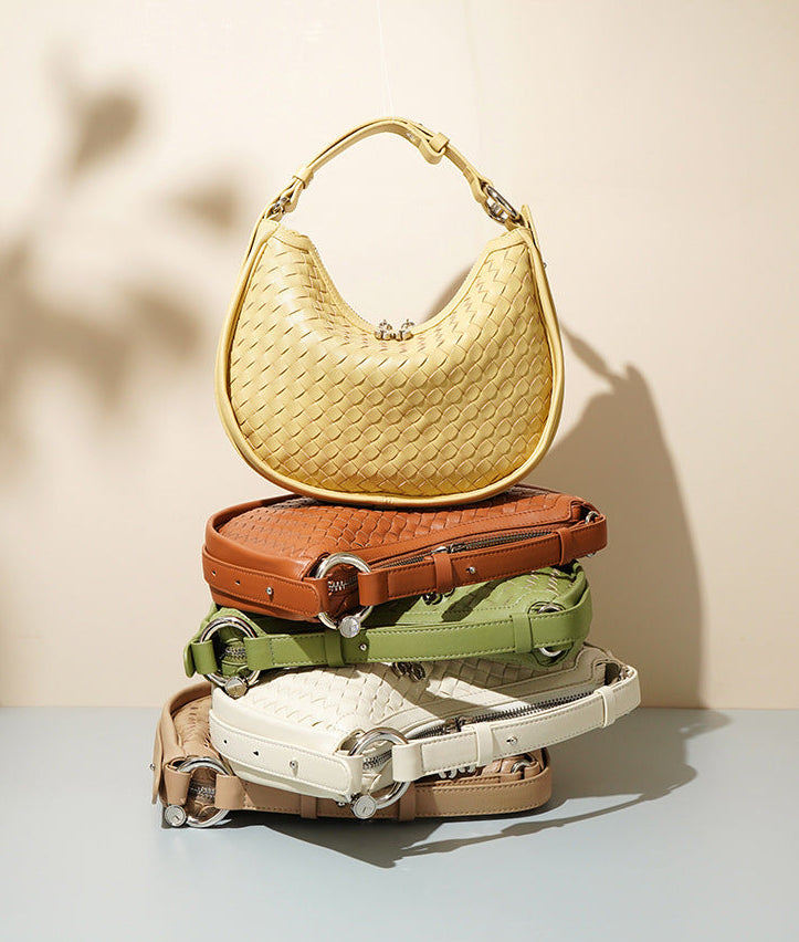 Half-Moon Handwoven Hobo Bag in Genuine Cowhide Leather