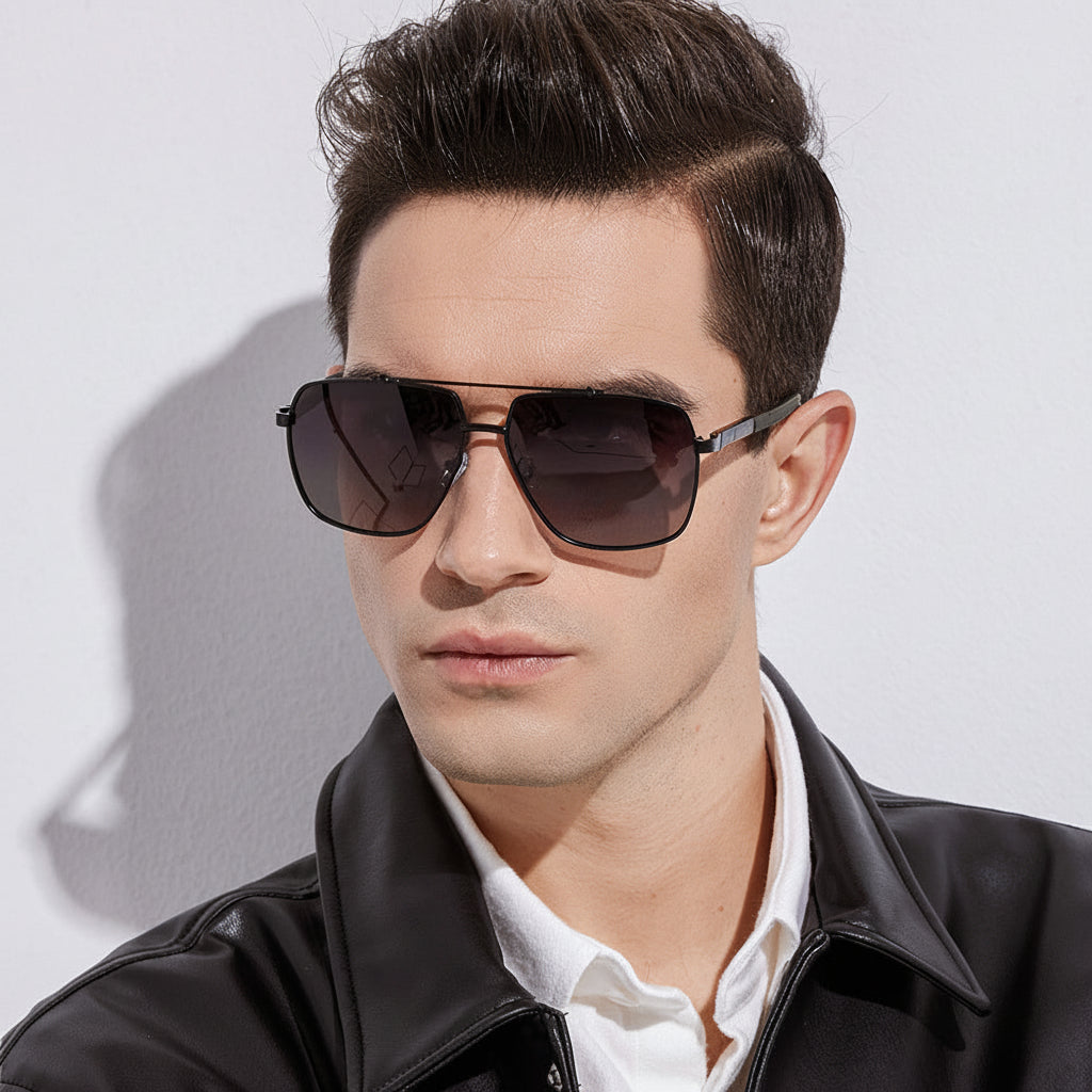 Double-Bridge Square Metal Polarized Sunglasses