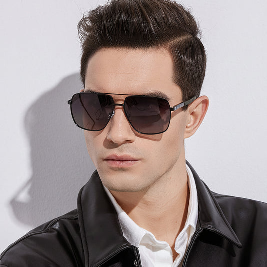 Double-Bridge Square Metal Polarized Sunglasses