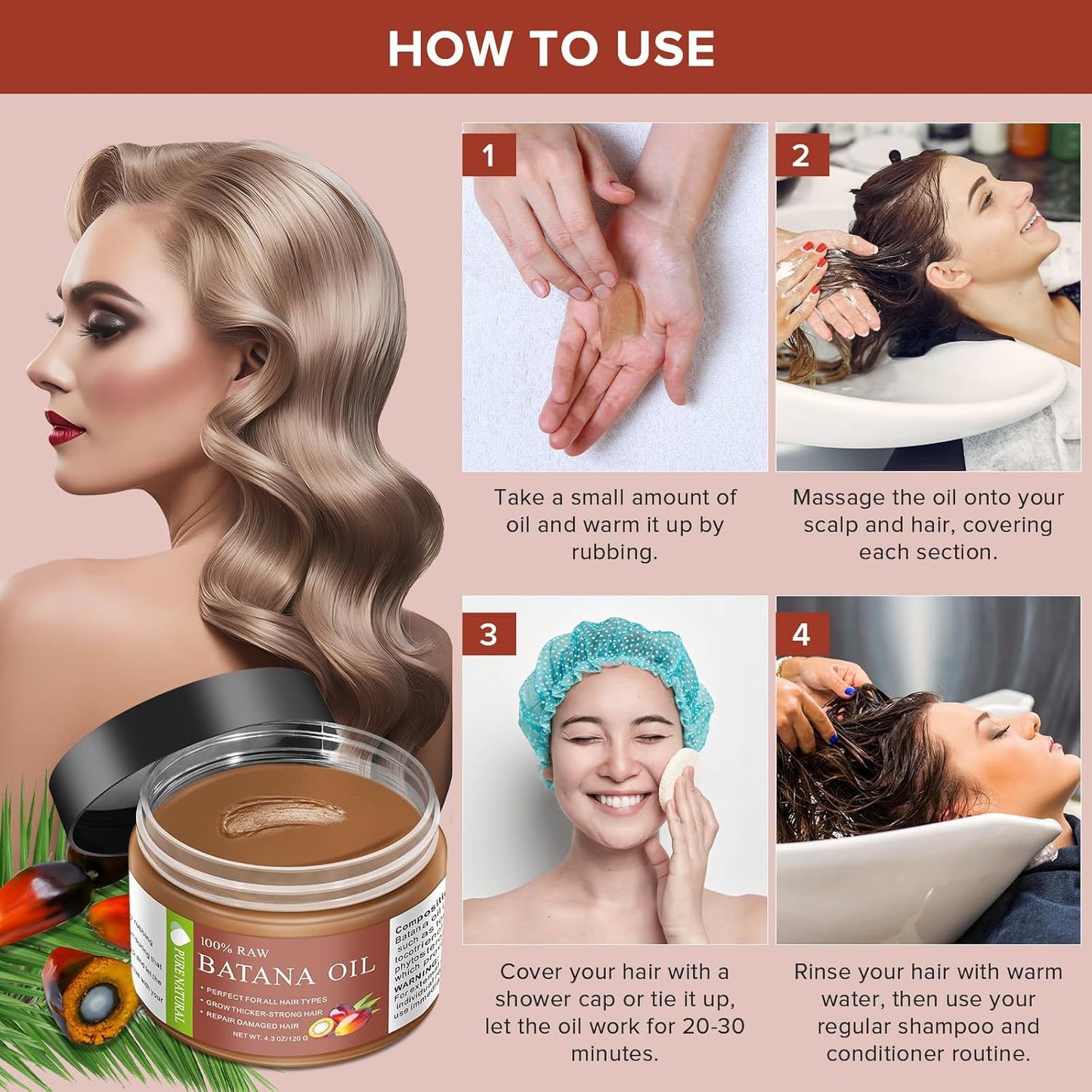 100% Raw Batana Oil, For All Hair Types, Grow Thicker-Stronger Hair, Repair Damaged Hair