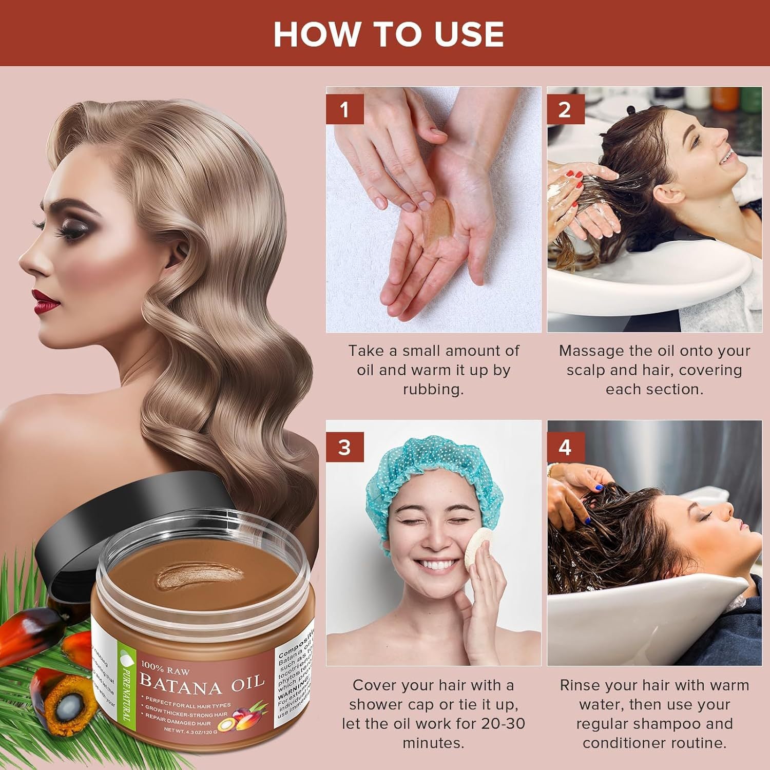 100% Raw Batana Oil, For All Hair Types, Grow Thicker-Stronger Hair, Repair Damaged Hair