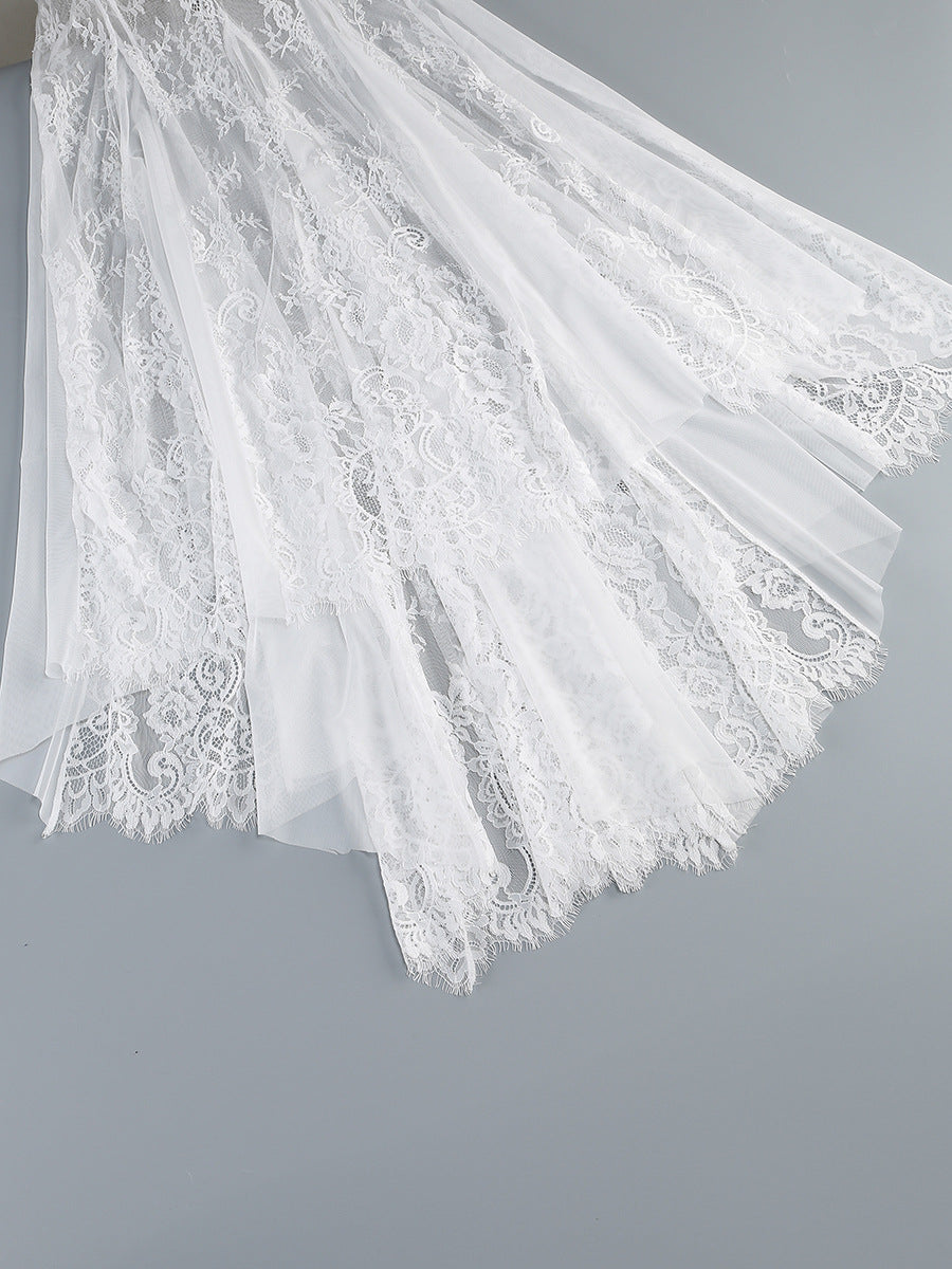 Strapless Lace Corset Bridal Gown with Sheer Skirt & Train