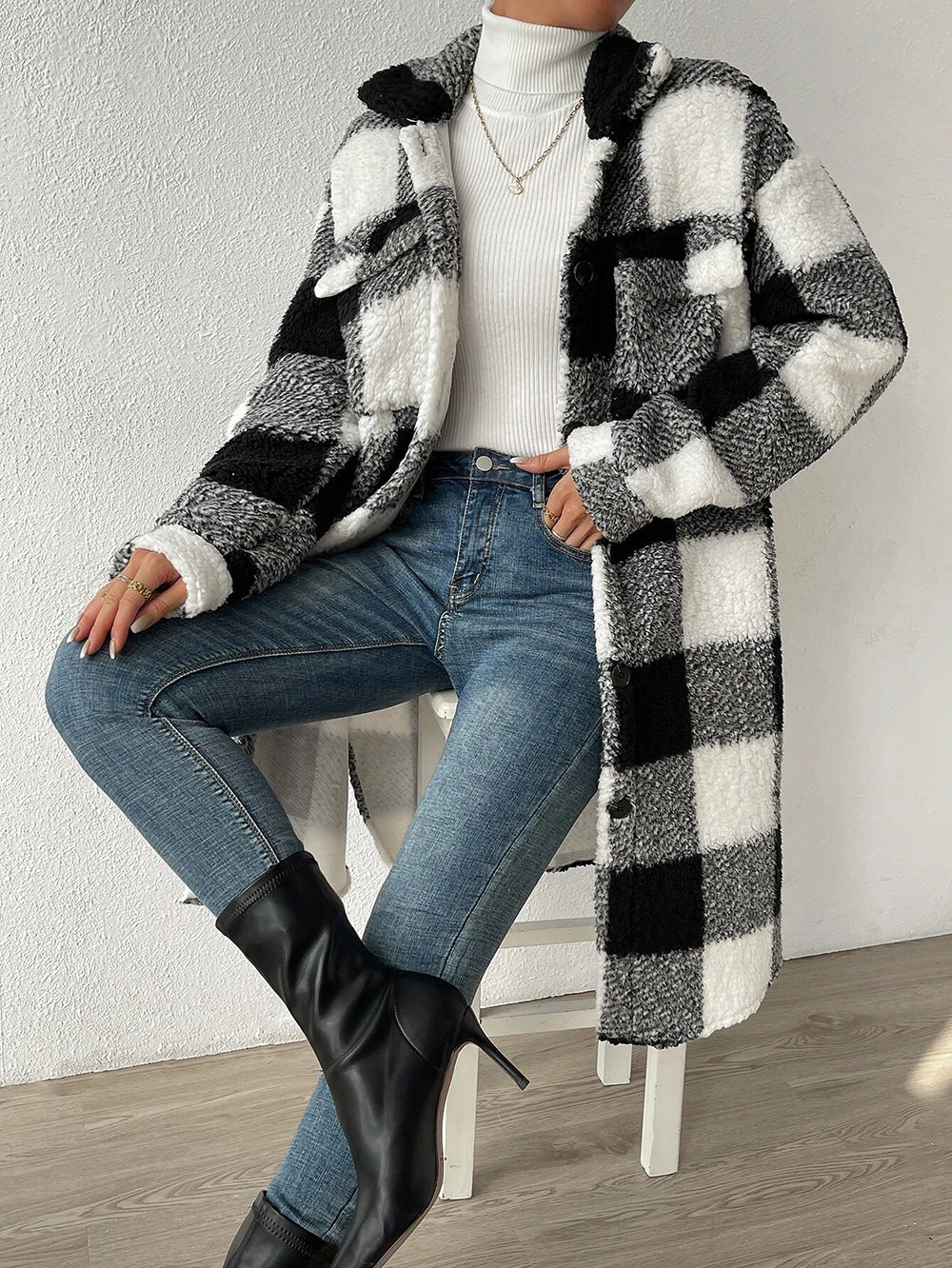 Open Button Lapel Plush Plaid Long Coat