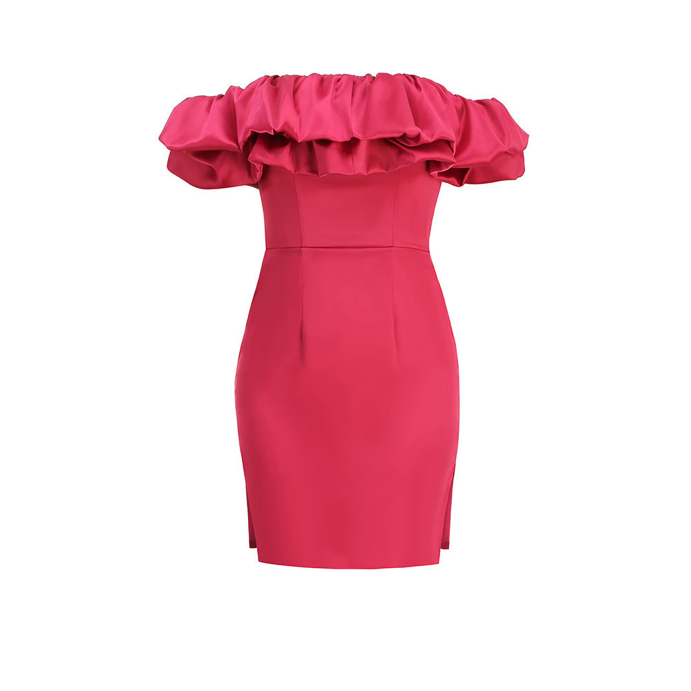 Satin Off-Shoulder Ruffle Mini Dress