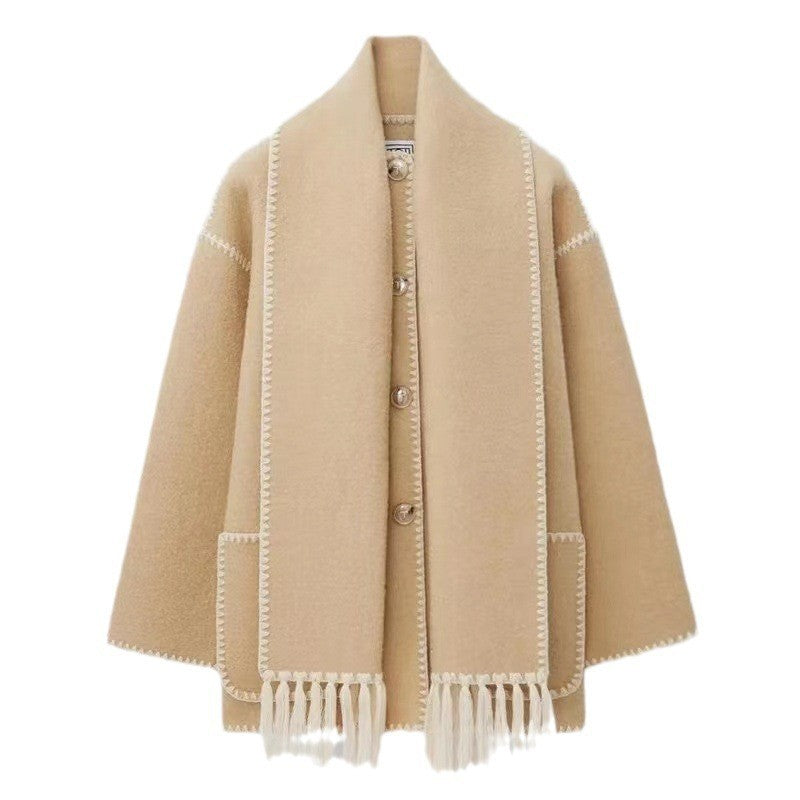 Draped Wool-Blend Coat with Fringed Scarf