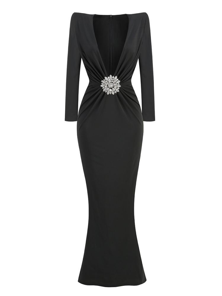 Deep V-Neck Long Sleeved Pleated Gown