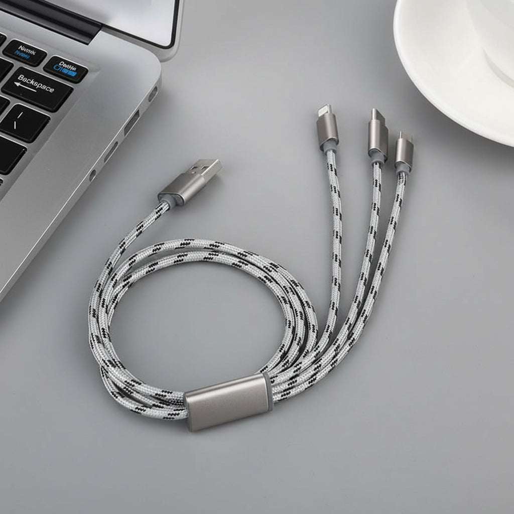 3-in-1 Braided Multi-Charging Cable for Type-C, Micro-USB, and Lightning
