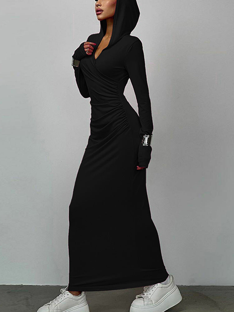 Solid Hooded  Long Sleeved Slim Maxi Dress