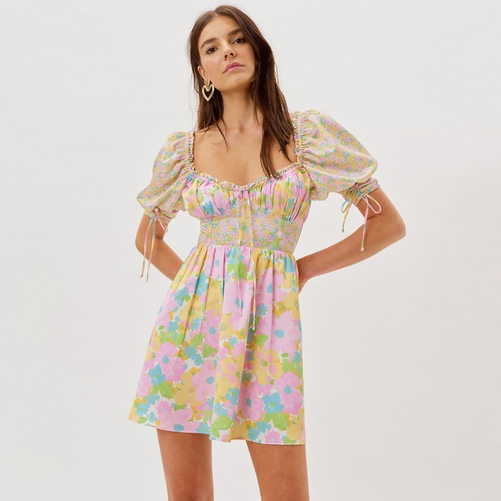 Floral Print Puff Sleeved Mini Dress