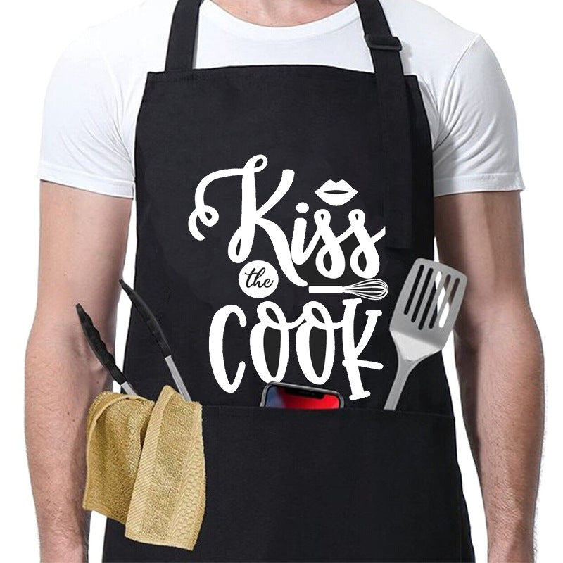 Kitchen BBQ Letter Print Apron with 3 Pockets and Adjustable Neck Strap, Water Resistant