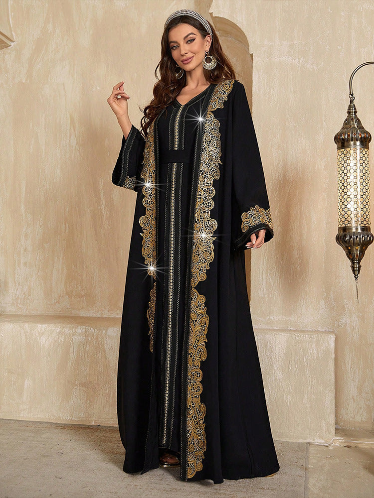 Two-Piece Gold Embroidered V-Neck Kaftan