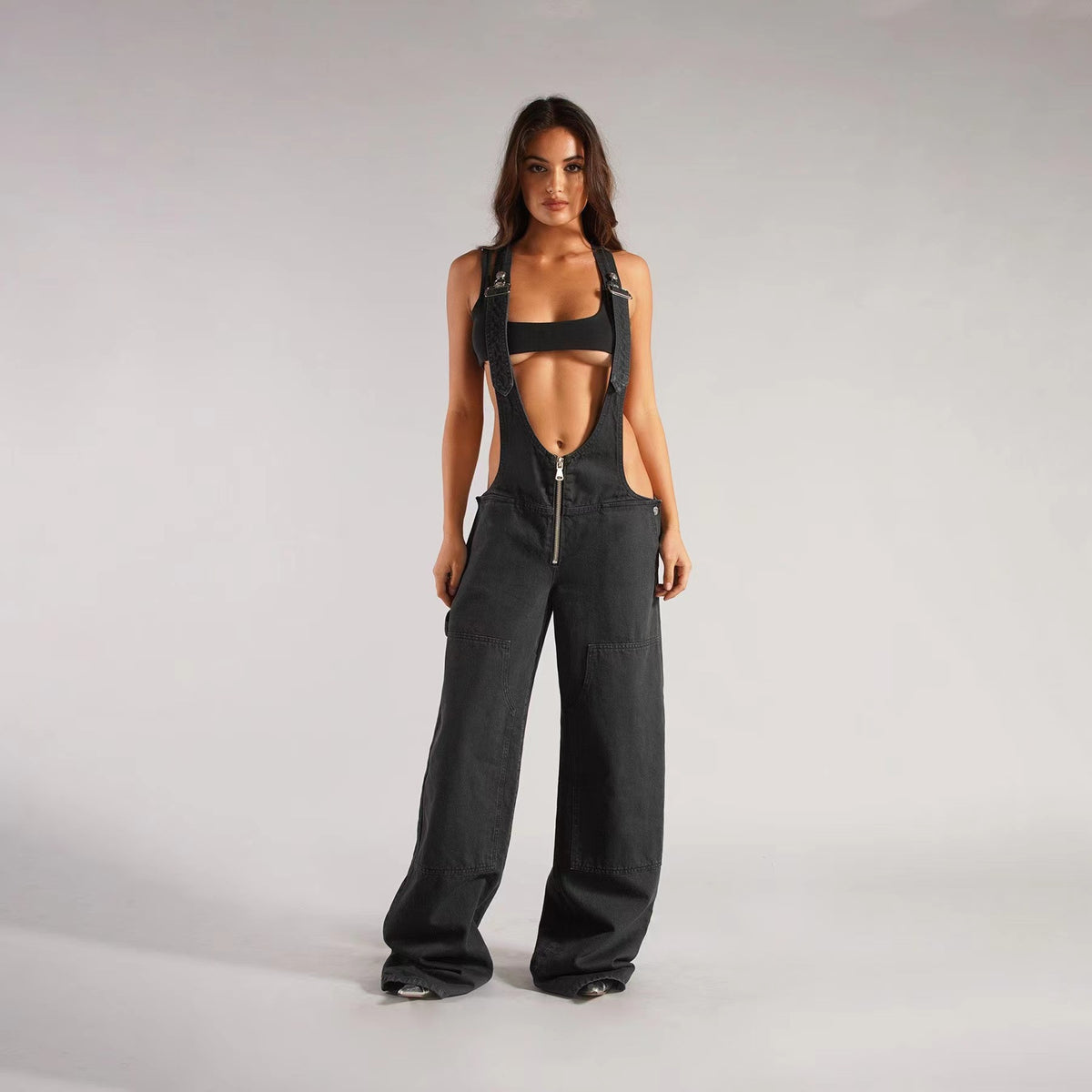 Denim Plunge Overalls