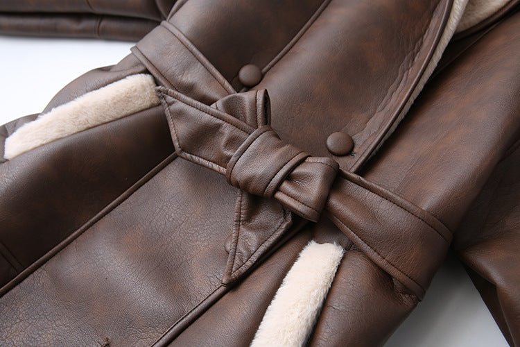 Faux Leather Belted Shearling Coat