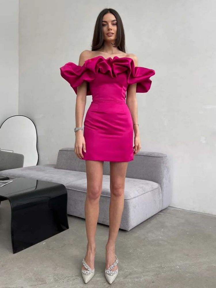 Satin Off-Shoulder Ruffle Mini Dress