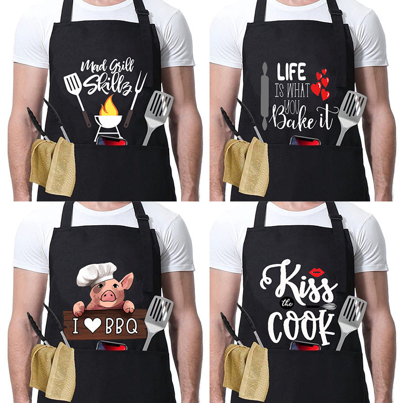 Kitchen BBQ Letter Print Apron with 3 Pockets and Adjustable Neck Strap, Water Resistant