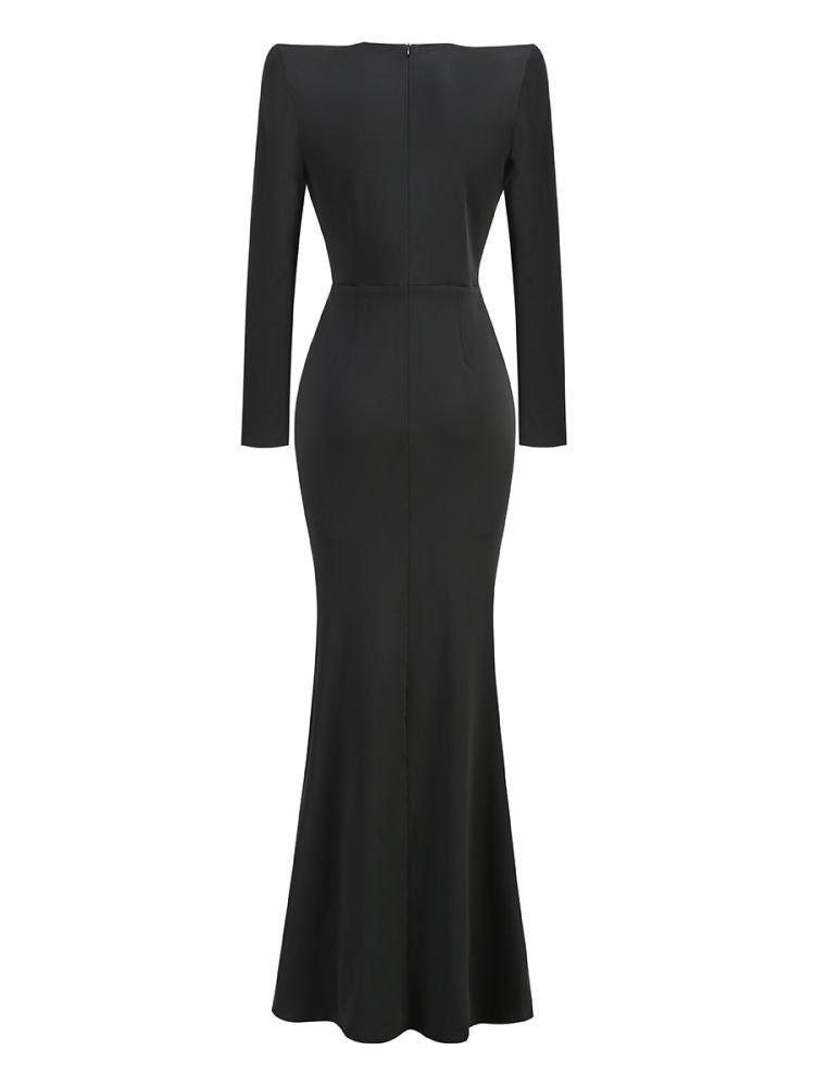 Deep V-Neck Long Sleeved Pleated Gown