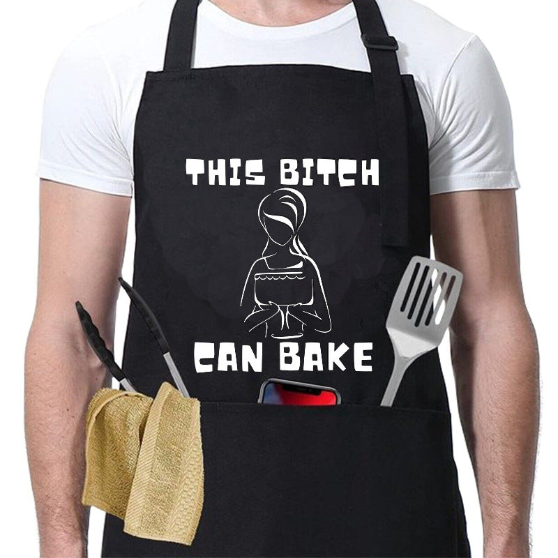 Kitchen BBQ Letter Print Apron with 3 Pockets and Adjustable Neck Strap, Water Resistant