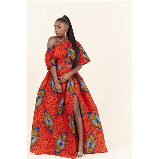 Two-Piece African High Slit Maxi Skirt with Crop Top