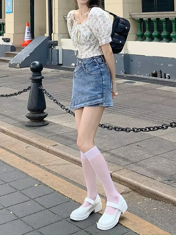 High-Waisted Asymmetrical Denim Shorts