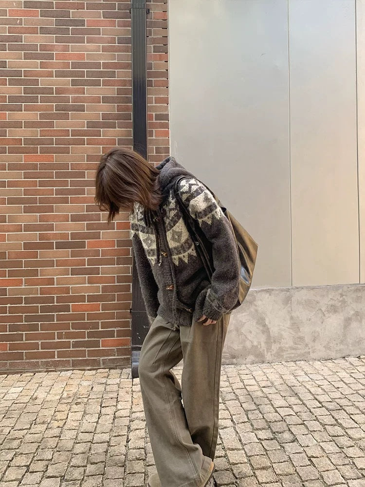 Fair Isle Knit Hooded Cardigan