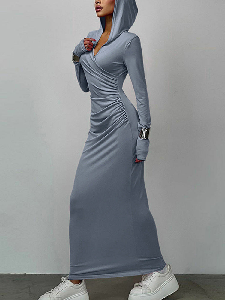 Solid Hooded  Long Sleeved Slim Maxi Dress