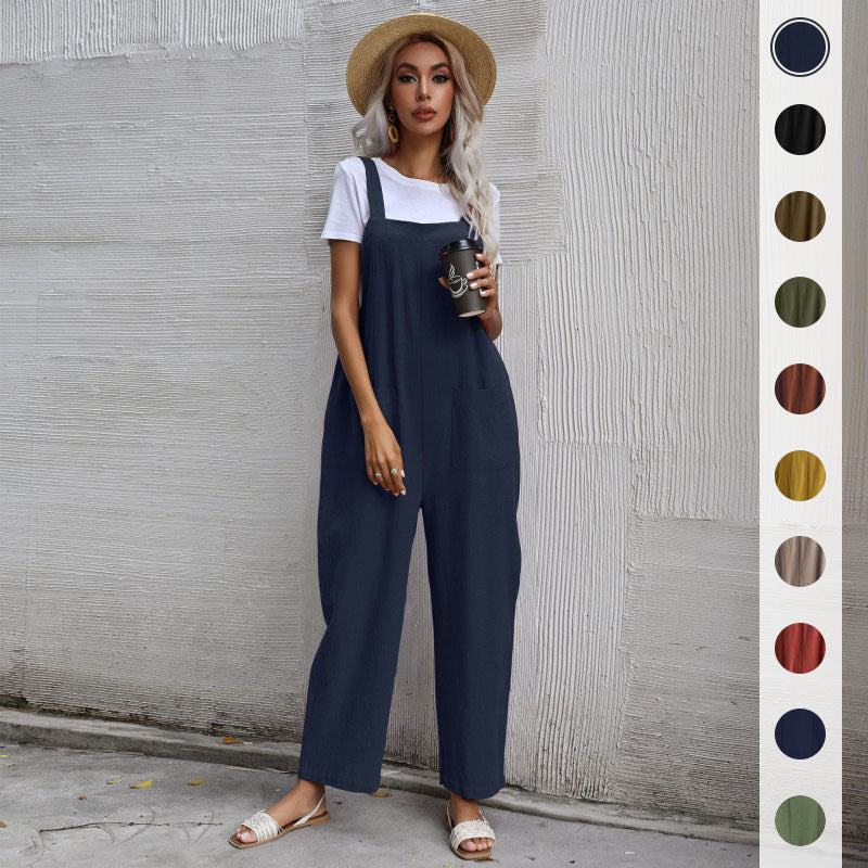 Lazy Style Solid Color Sleeveless Overalls